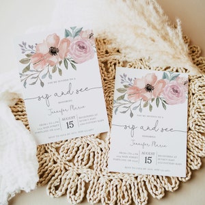 Sip and See Invitation Girl, Floral Baby Shower Invite Template, Instant Download, Edit Yourself