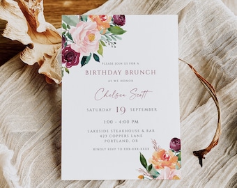 Birthday Luncheon Invitation Template, Adult Birthday Party Invite, Womans Birthday Invitations, Modern Minimalist, Floral, Editable Text