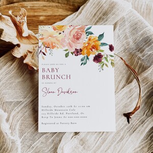 Baby-Mittagseinladungsvorlage, klassische Babyparty-Einladung, moderne Blumeneinladung, Herbst oder Herbst, bearbeitbarer Text, digitaler Download