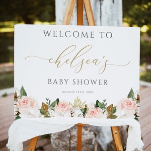 Classic Baby Shower Welcome Sign, Baby Shower Decor, Baby Girl Shower, Editable Text, Floral, Corjl, Digital Download