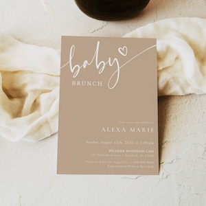 Minimalistische Baby-Brunch-Einladung, moderne hellbraune Babyparty-Einladung, geschlechtsneutrale Babyparty, hallo Baby-Einladung, bearbeitbare Vorlage