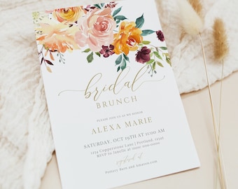 Fall Bridal Brunch Invitation, Bridal Luncheon Invitation, Editable Text, Corjl, Digital Download