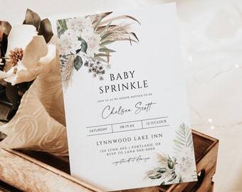 Baby Sprinkle Invitation Template, Boho Baby Shower Invite, Garden Shower Evite, Gender Neutral, Dried Flowers, Editable Digital File