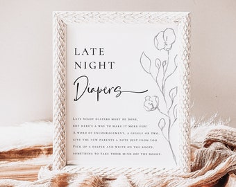 Late Night Diapers Sign, Minimalist Baby Shower Game, Modern Diaper Notes, Editable Template, Corjl, 8x10