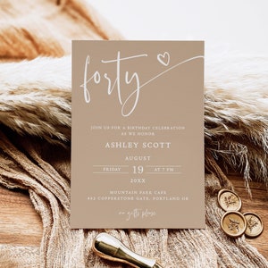 Boho Birthday Party Invite | Neutral Tones Birthday Invite | Editable Modern Birthday Invite | 40th Adult Birthday Editable Template