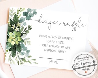 Greenery Diaper Raffle Cards Template | Editable Instant Download