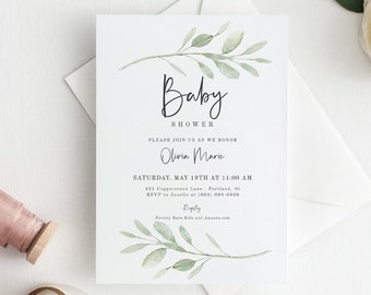 Greenery Baby Shower Invitation Template, Gender Neutral Baby Shower Invite | Editable Instant Download