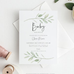 Greenery Baby Shower Invitation Template, Gender Neutral Baby Shower Invite | Editable Instant Download