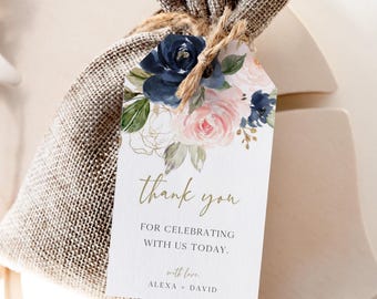 Thank You Tag Template | Baby Shower Favor Tags | Floral Gift Tags | Navy and Blush Pink | Digital Download | Editable with Canva