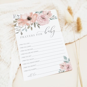 Oraciones para la plantilla de tarjeta de bebé, buenos deseos para el bebé, baby shower floral, rosa rubor, bautismo, bautizo, DESCARGA INSTANTÁNEA