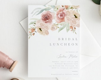 Bridal Luncheon Invitation Template, Floral Wedding Shower Invite, Blush Pink, Editable Invitation Instant Download