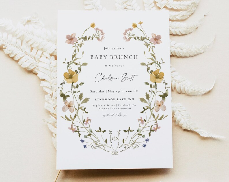 Wildflower Baby Shower Invite Baby Brunch Invitation Girl Garden Floral Invitation Blush Pink Editable Template Digital