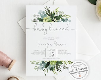 Greenery Baby Brunch Invitation Template, Eucalyptus Baby Shower Invite | Editable Instant Download