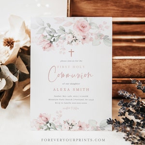 First Communion Invitations, Baptism Invitation Evite, Blush Pink Floral, 100% Editable Template, Personalized, Digital Download image 1