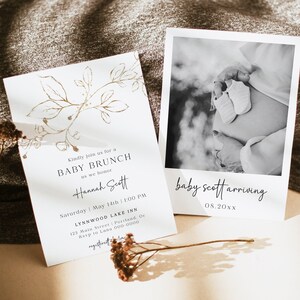 Minimalistische Baby-Brunch-Einladung, moderne Tan-Baby-Dusche-Einladung, geschlechtsneutrale Baby-Dusche, hallo Baby einladen, bearbeitbare Vorlage