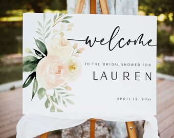 Bridal Shower Welcome Sign Template | Boho Baby Shower Welcome Poster | Peach Flowers with Greenery | Editable Template