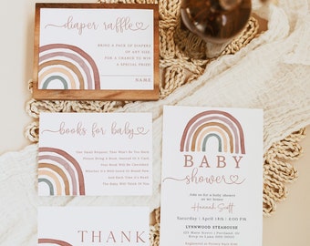 Rainbow Baby Shower Invitation Bundle | Editable Rainbow Invitation Set | Muted Tones Boho Rainbow Baby Shower Invite | Printable Template