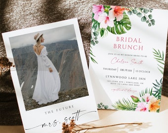 Bridal Brunch Invitation Template, DIGITAL DOWNLOAD, Tropical Wedding Shower Invite, Hawaiian Wedding, Edit with Corjl