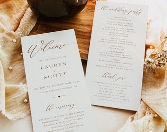 Modern Wedding Program Template, Minimalist Order of Service, Printable Ceremony, DIY Program Card, Instant Download, Editable Text