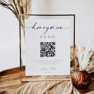 Honeymoon Fund Sign, Venmo Honeymoon Wish, Wedding QR Code Sign Printable, Minimalist, Editable Template, Instant Download, Corjl