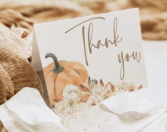 Fall Thank You Note Card, Greenery Wedding Thank You, Pumpkin, Modern, Editable Template, INSTANT Download