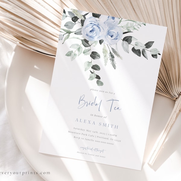 Floral Bridal Tea Invitation Template, Bridal Shower Invites, Pastel Blue Flowers with Greenery, Editable Instant Download