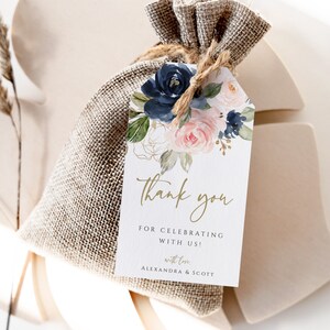 Thank You Tags, Baby Shower Favor Tags, Floral Gift Tags, Navy and Blush Pink, Digital Download, Editable Text