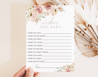 Wishes For Baby Printable Card, Baby Shower Game, Advice And Wishes, Boho, Blush Pink, Editable Text, Corjl