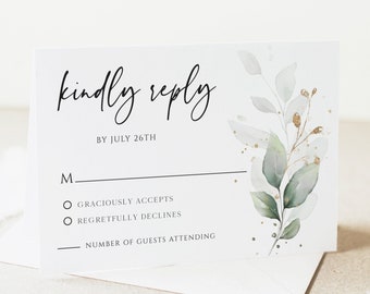 Wedding Rsvp Cards, Rsvp Card Template, Eucalyptus Greenery, 100% Editable Text, Diy, Digital Download