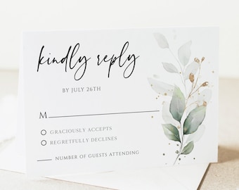 Wedding Rsvp Cards, Rsvp Card Template, Eucalyptus Greenery, 100% Editable Text, Diy, Digital Download