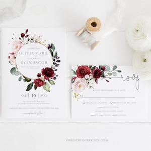 Floral Wedding Invitation Set Template, Burgundy Wedding Invitation Printable Wedding Invite, TRY BEFORE You BUY, Edit Yourself