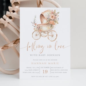 Modello di invito per baby shower Little Pumpkin / Inviti per baby shower autunnali / Invito per baby shower Falling In Love / Coriandoli autunnali per baby shower