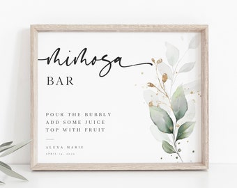 Bridal Shower Mimosa Bar Sign Printable, Bridal Brunch Bar Sign Template, Modern Eucalyptus Greenery, Digital Download