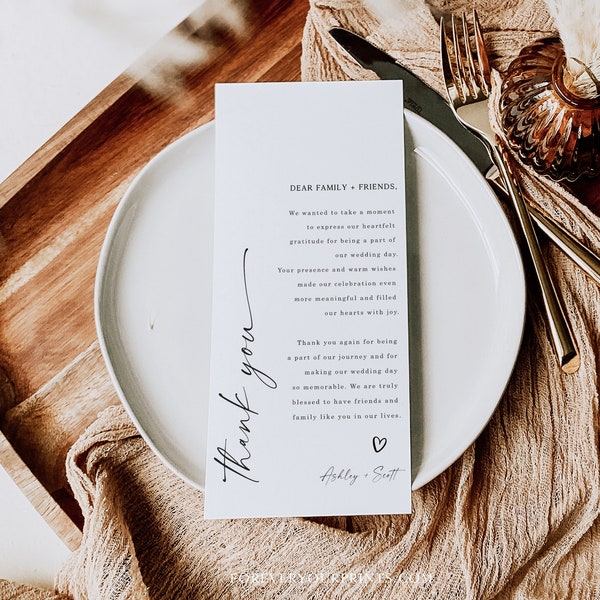 Minimalist Wedding Table Thank You Card Template | Wedding Napkin Note | Modern Place Setting Thank You | Wedding Menu Thank You Card