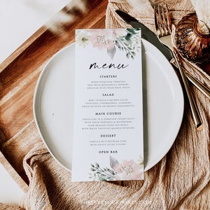 Plantilla de menú de boda minimalista / Menú de cena de boda simple / Menú de comida de boda / Tarjeta de menú floral / Texto editable con Corjl