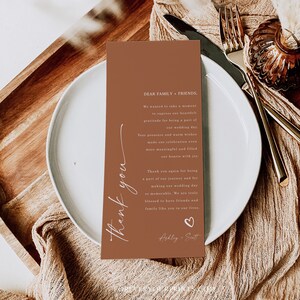 Menú de boda Gracias / Carta de agradecimiento moderna / Nota de servilleta de boda / Plantilla editable / Lugar minimalista Gracias