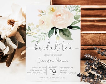 Bridal Tea Invitation Template, Modern Bridal Shower Invite, Peach with Greenery Electronic Invitation, Editable Instant Download