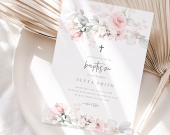 Baptism Invitation Girl, Editable Invitation, Baptism Invite, Baby Girl Christening, Digital Download, Editable Text, TRY BEFORE You BUY