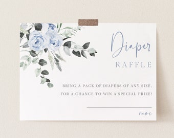 Printable Diaper Raffle Cards, Baby Shower Game, EDITABLE TEXT, Blue Florals, Instant Download