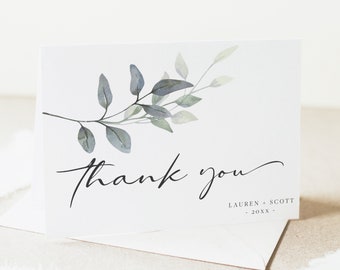 Minimalist Thank You Note, Printable Thank You Card Template, Eucalyptus Greenery, Edit with Corjl, Instant Download