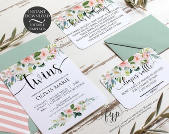 Floral Twins Baby Shower Invitation Set | Editable Instant Download