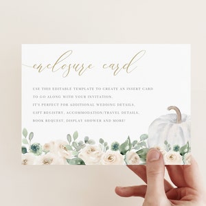 Bewerkbare details kaartsjabloon, pompoen baby shower uitnodiging insteekkaart, herfst bijlage kaart, Instant Download