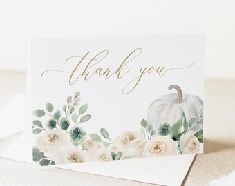 Fall Thank You Note Card, Greenery Wedding Thank You, White Pumpkin, Modern, Editable Template, INSTANT Download