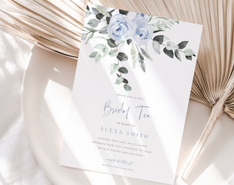 Floral Bridal Tea Invitation Template, Bridal Shower Invites, Pastel Blue Flowers with Greenery, Editable Instant Download