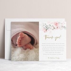 de Carte de remerciement pour bébé | Carte photo modifiable avec message | Merci floral pour baby shower | Motif Corjl imprimable