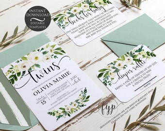 Twins Baby Shower Invitation Set | Editable Instant Download