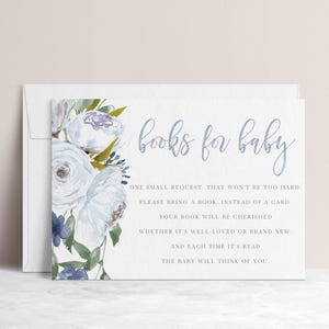 de Modèle de carte de livres pour bébé | Insert de douche de bébé modifiable | imprimable Apportez un livre au lieu d'une carte | Module complémentaire d'invitation florale bleue pour bébé