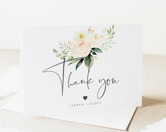 Thank You Cards Template, Floral Thank You Note, Editable Text, Printable Greenery Folded Card, Any Occasion, Corjl