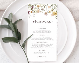 Wedding Menu Template, Wedding Table Decor, Dinner Menu, Modern, Wildflowers Floral, Digital Download, 100% Editable Text