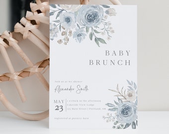 Floral Baby Brunch Invitation Boy, Baby Boy Invitation, Editable Invitation Instant Download